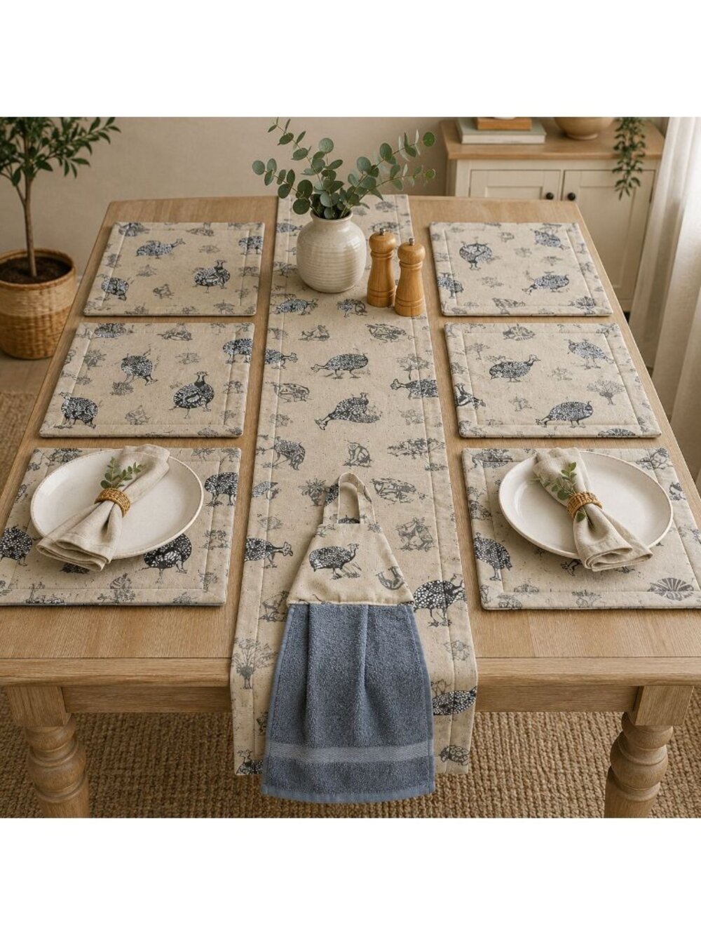 Guinea Fowl Placemat Set Table Runner & Hanging Towel Handmade in South Africa